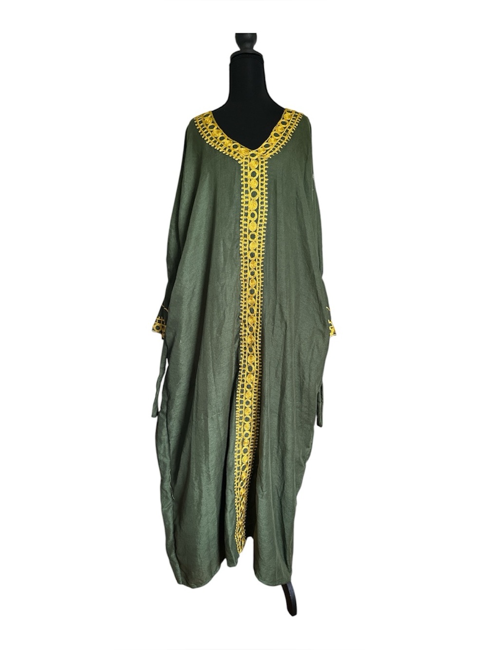 Olive Green Caftan with Yellow Crochet Trim with pockets